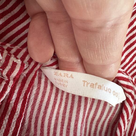 Zara Trafaluc Shirt Womens XS Red White Striped Long Sleeve Ruffle Blouse Top - Picture 5 of 8